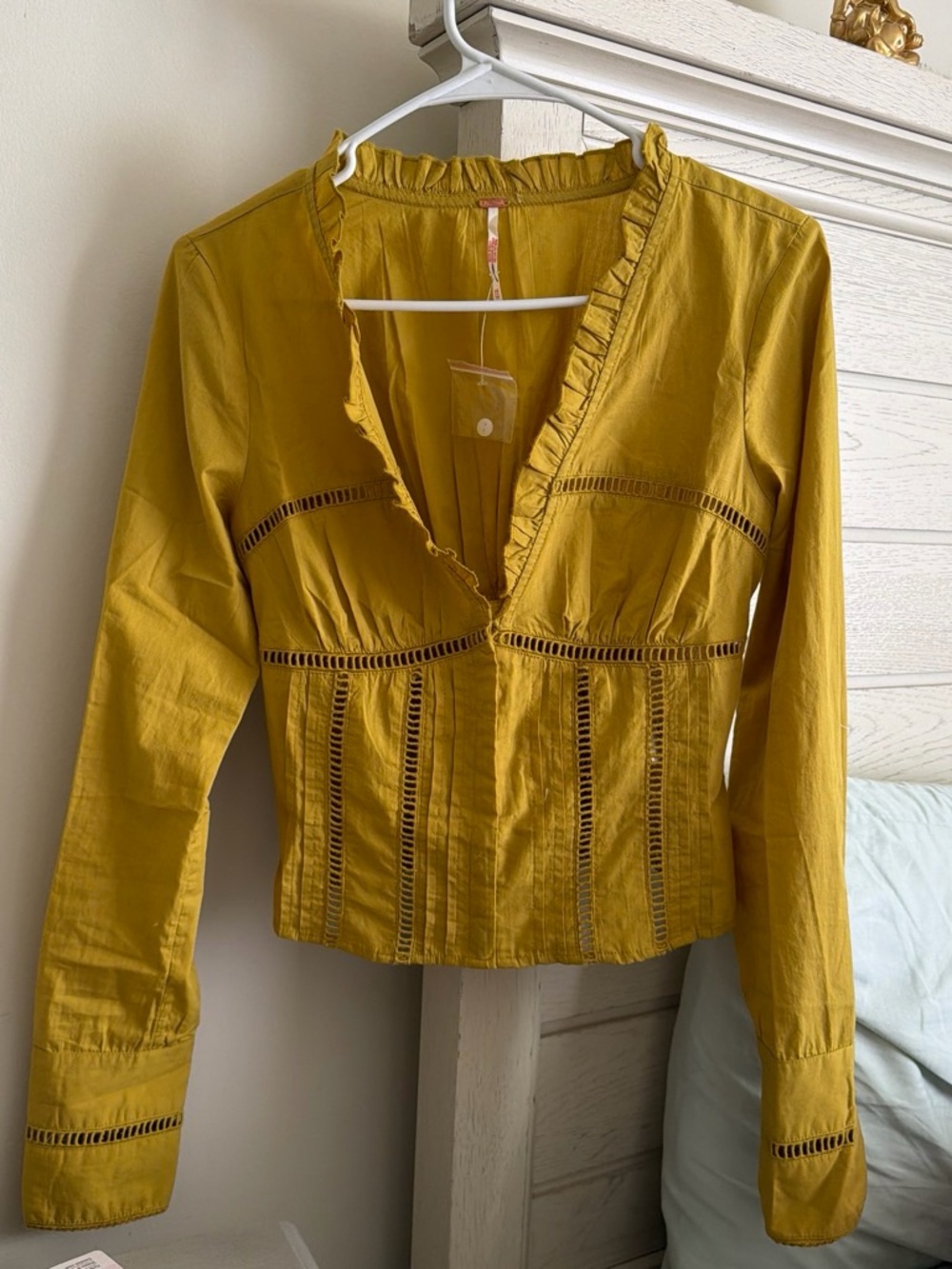 Free People Mustard Ruffle-Trim V-Neck Blouse